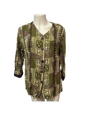 Rosey Tomato Green Brown Geometric Button-Front Blouse Size L
